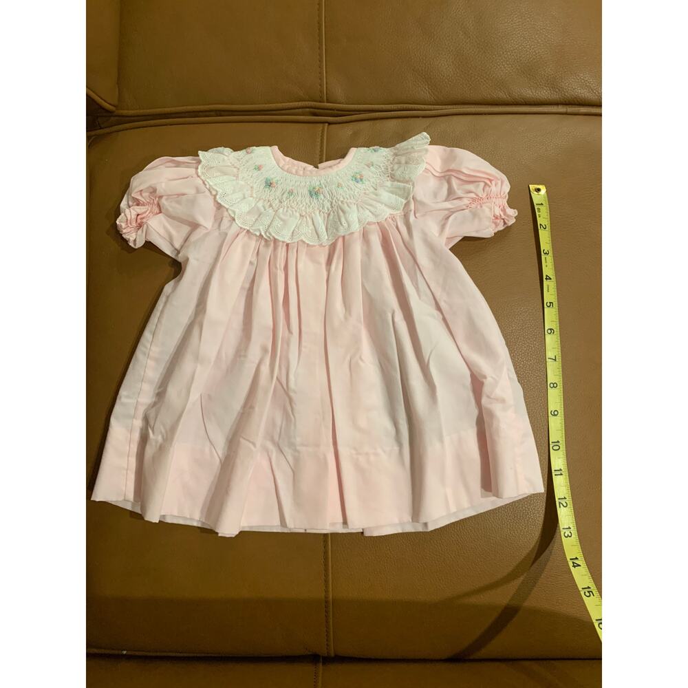 Pink Smocked Baby Dress Embroidered Collar Classic Heirloom Infant Puff 3 Month